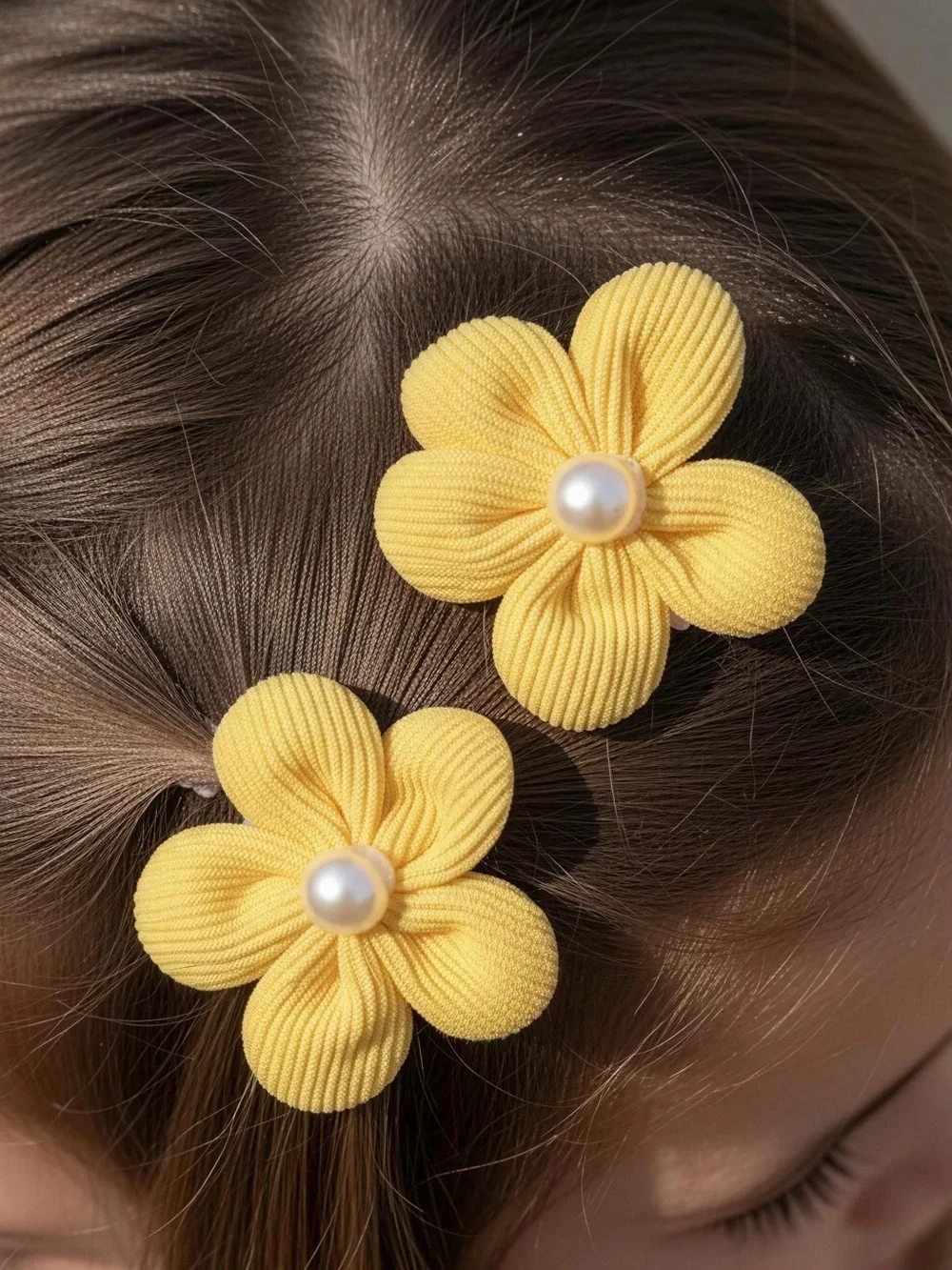 Handmade Yellow Flower Pearl Hair Clips Pair Set of 2